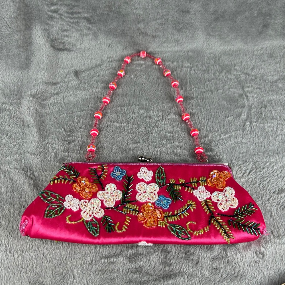 Hot Pink Beaded Satin Floral Clutch Crossbody Bag Retro Convertible Handbag